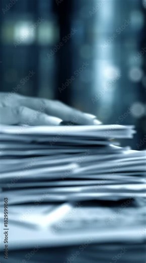 Paperwork Pile Up: A hand delicately sifts through a stack of documents on a desk, capturing the intensity of paperwork.