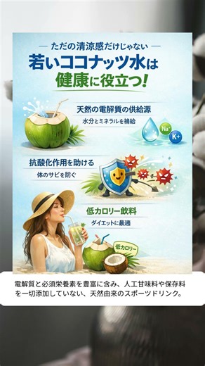 若いココナッツウォーターは、爽やかなだけでなく、健康にも良い効果があります
