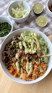 Easy Taco Beef Bowl (Serves 2) Ingredients: - 1/2 lb ground beef or turkey - 2 tbsp taco seasoning - 1 packet Trader Joe’s microwave Spanish rice - 1 cup shredded lettuce - 1/2 cup premade pico de gallo - 1 avocado, sliced - 1/4 cup Primal Kitchen cilantro crema or homemade (see below) Homemade Cilantro Crema: - 1/4 cup sour cream or Greek yogurt - 1 tbsp lime juice - 1/4 cup fresh cilantro, chopped - 1 small garlic clove, minced - Salt to taste (Blend or mix until smooth.) Instructions: 1. Brow