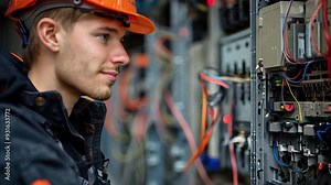 An electrician without a complex wiring diagram works on an industrial electrical system safely, adjusting complex machinery in an industrial factory.