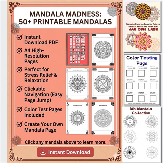 Adult Mandala Coloring Book | 50  Stress Relief Designs (printable PDF) - Etsy