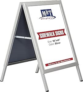 M&T Displays Sandwich Board Slide-in A Frame Double Sided, Picture, Poster, Advertising Display Menu Board, Aluminum Sidewalk Pavement Sign Holder (Silver, 30x40 inch)