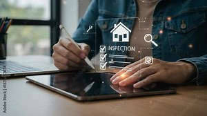 Digital Home Inspection: An adult professional performs a comprehensive property evaluation using a tablet, stylus, and modern holographic checklist technology indoors.