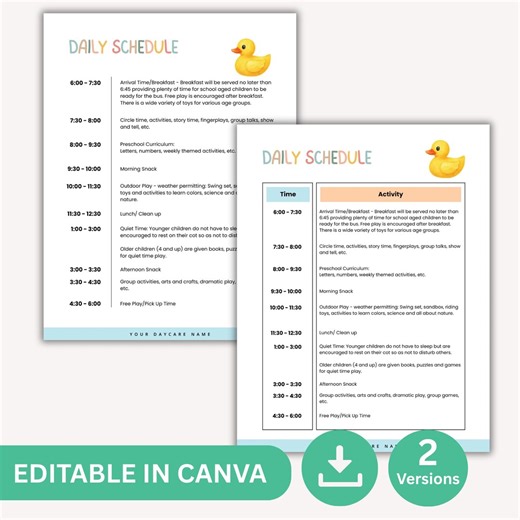 Editable Daycare Daily Schedule Template, Hourly Schedule Log, Sunday School Classroom Schedule, Home Daycare Child Care Forms - Etsy Canada