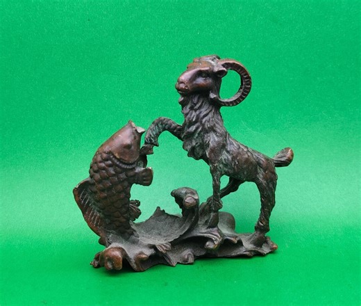 Vintage Bronze Goat  Koi Fish Statue – Prosperity Gift for Collectors & Decor