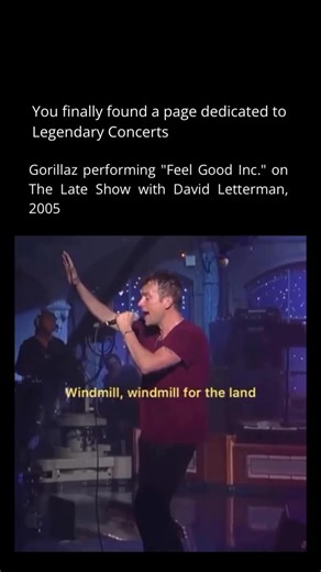 Legendary Concerts on Instagram: "The video features a rare, non-holographic live performance by Gorillaz on The Late Show with David Letterman. Damon Albarn, the mastermind behind the virtual band, is front and center singing “Feel Good Inc.” with a raw, soulful intensity, rather than hiding behind the animated characters. He is joined on stage by De La Soul for their iconic laughing intro and rap verses, creating a chaotic and energetic atmosphere that brings the cartoon band’s biggest hit to 