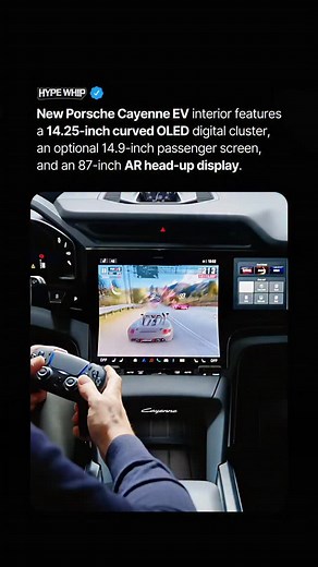 HYPEWHIP on Instagram: "❗️The new Cayenne EV features a curved OLED Flow Display, a 14.25-inch digital cluster, and an optional 14.9-inch passenger screen with streaming and gaming support. An AR head-up display projects navigation and driver aids across an 87-inch effective area, while physical controls remain for key functions like climate and volume. To match its tech-heavy interior, the top-spec model is expected to pack 1,000 hp and reach 60 mph in just 3 seconds. What are your thoughts? 🤔
