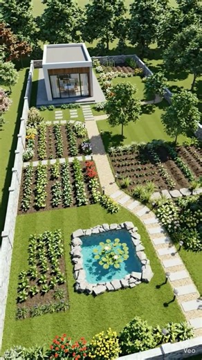 dream house with gardening pond