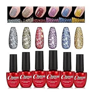 VERONNI Glitter Gel Nail Polish- 6pcs Carat Diamond Reflective Nail Gel Set Semi Permanent Uv Varnish Sparkle Gel Nail Art Glitter Effect Nail Polish Gel Nails(CD-6pcs)