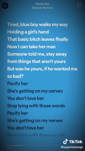 Replying to @♡ [pacify her, shes getting on my nerves] 🎧 #foryoupage #FlexEveryAngle #fyp #foryou #spedupsongs #nightcore #lyrics #spotifylyrics #paciferher #melaniemartinez #paciferhermelaniemartinez