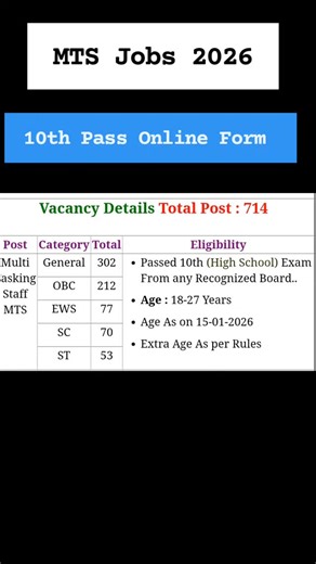 Shubam Sourabh Sharma on Instagram: "MTS Jobs 2026 ll Online Form Start ll Official Notification Out"
