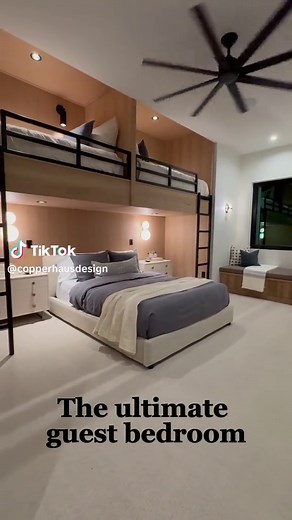 Designed with intention. A grounded statement bed, lofted bunks above, and layered neutrals create a guest room that’s both functional and refined. Project: Skyfall Builder: @adamsandco.construction Architect: @hebdonstudios Parade: @stgeorgeparadeofhomes Designer: @CopperHAUS #CopperHAUSGuestRoom #LuxuryInteriors #RefinedComfort #ElegantSpaces #GuestRoomGoals #TimelessDesign #InteriorInspo #SophisticatedLiving #WarmMinimalism