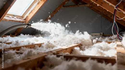 Detail view of blownin insulation being applied in an attic space boosting energy conservation by sealing gaps and enhancing airflow regulation.