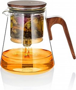 ZENS Magic Teekanne Glas mit Sieb,800ml Losen Teezubereiter, Walnussholz | Teekanne mit Magnet Deckel für Tee Zubereitung, Vantage Teapot for Teeliebhaber Geschenke