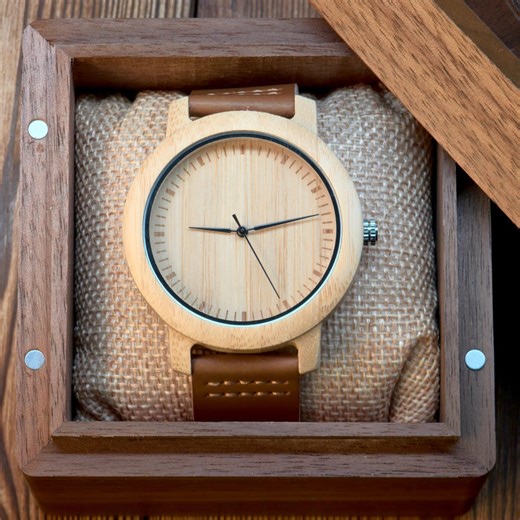 Handmade Bamboo Wood Watch With Brown Leather Strap - Minimalist Unisex Wristwatch - Eco-friendly Gift - Unique Anniversary Gift for Him - Etsy