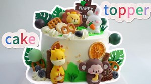 27pcs Safari Animal Cake Topper - Jungle Wild One Birthday Decorations with Reusable Silicone Monkey, Lion, Giraffe, Rabbit, Grass, Leaves, Happy Birthday Sign, Decorative Balls, Hanging Swirls