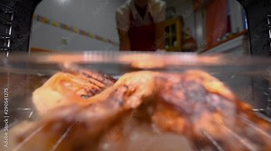 Senior woman taking roasted chicken from the oven, viewed from the interior .