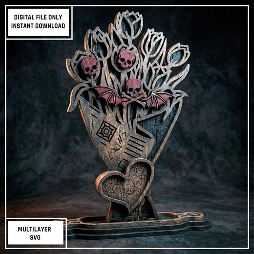 Gothic Skull Bouquet Multilayer Laser Cut File, Bat and Flowers 3D Stand SVG, Dark Valentine Wood Decor, Halloween Glowforge Xtool DXF PDF - Etsy UK