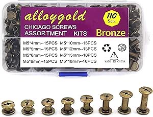 Chicago Screws Assorted Kit 110 Sets 8 Sizes of Round Head Stud Leather Screws Chicago Rivets for DIY Leather Decoration Bookbinding (M5*4,5,6,8,10,12,15,18)（Bronze）
