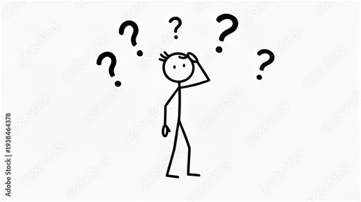 Confused stick figure person with question marks representing doubt and uncertainty concept