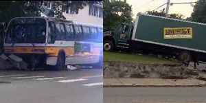 Truck Smashes Through Wall After Collision With MBTA Bus