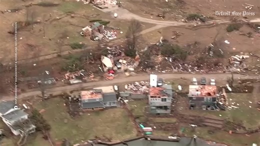 Aerial footage from Michigan State Police shows aftermath of the deadly weekend tornado.