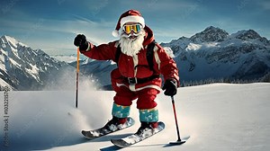 Santa Claus skiing down a snowy mountain in the winter wonderland at high altitude