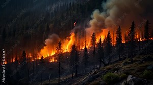 dramatic wildfire burning through a forest, with intense flames and thick smoke rising into the sky. The fiery scene highlights the destructive power of nature and the urgency of fire management