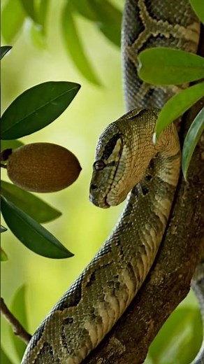 A python started chewing and eating a lot of sapotas growing on a tree. #youtubeshorts