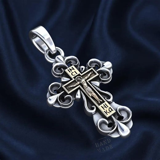 Orthodox Silver Crucifix Pendant Gold Accent (men's Christian Necklace) - Etsy