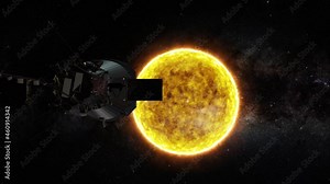 Parker Solar Probe Mission to the sun. Dramatic view of the sun with fire and plazma along the surface. Elements of this video furnished by NASA