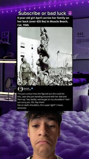 9-year-old girl April carries her family on her back (over 425 Ibs) in Muscle Beach, Cal, 1945.