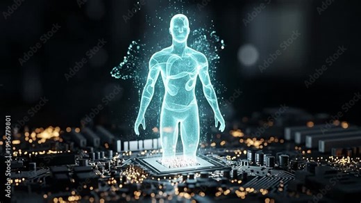 Digital twin simulation of a human body emerging from a computer processor chip on a motherboard