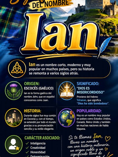 ¿Sabías cuál es el origen y significado del nombre Ian? Ian es un nombre corto, moderno y muy popular en muchos países, pero su historia se remonta a varios siglos atrás. Su origen es escocés y es la forma gaélica del nombre John, que en español conocemos como Juan. A su vez, proviene del nombre hebreo Yohanan, cuyo hermoso significado es