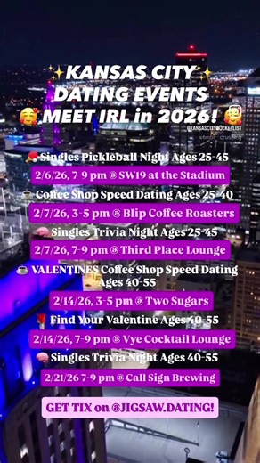 Looking for love in Kansas City?! Stop swiping and meet your person IRL at local events curated just for singles! 💜 We’ve partnered with @jigsaw.dating to bring you the full lineup happening in your city - just in time for Valentine’s Day 💘 (And they’re launching an exclusive NEW “Find Your Valentine” event this month 😍) 🎟️ SPOTS ARE LIMITED at each event! Tap the LINK in @jigsaw.dating bio to save your spot! Dating isn’t one-size-fits-all, so choose the event formats that align best with yo