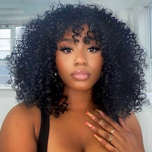 Bob Weave Wig with Bangs Short Kinky Curly Human Hair Fringe Wig Glueless