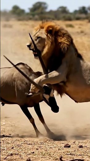 Lion vs Gemsbok: A Deadly Mid-Air Clash in the African Savanna 🦁⚔️