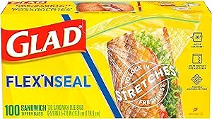 Glad Flex'N Seal Food Storage Plastic Bags, Sandwich, 100 Count, Pack of 4 (Package May Vary)