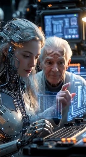 AI Humanoid Robot Girl with Hair Built by Elderly Inventor