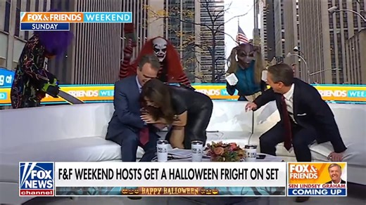 ON-AIR SCARE: 'Fox & Friends Weekend' hosts got the fright of their life after spooky Halloween characters stormed the set — but one host stayed completely unfazed. | Fox & Friends | Fox News