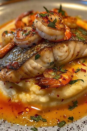 **Pan-Seared Fish with Garlic Butter Shrimp & Creamy Mashed Potatoes** **Ingredients:** **For the Fish:** * 2 fish fillets (sea bass or cod), skin-on * 1 tbsp olive oil * Salt & black pepper **For the Garlic Butter Shrimp:** * 10–12 shrimp, peeled and deveined * 1 tbsp butter * 2 garlic cloves, minced * 1/2 tsp paprika * 1/4 tsp chili flakes * Salt & pepper * Fresh parsley, chopped **For the Mashed Potatoes:** * 3 large potatoes, boiled * 2 tbsp butter * 1/3 cup warm milk * Salt & pepper **Instr