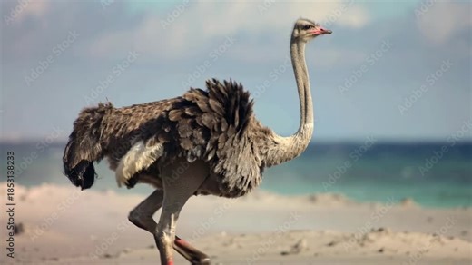 Ostrich walking along beach shoreline under bright sky during daytime near a coastal area