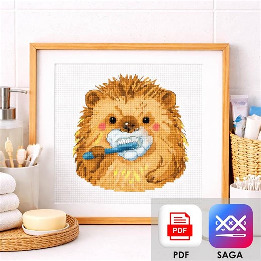 Hedgehog Cross Stitch Pattern, Cute Bathroom Animal Embroidery, Hedgehog Brushing Teeth Design, Kawaii Animal Pattern PDF & SAGA - Etsy
