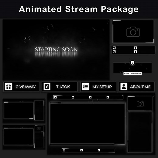 Black & White Twitch Overlay Package | Minimal Animated Stream Package | Alerts, Screens, Panels, Chatbox | Dark Theme Stream Overlays - Etsy