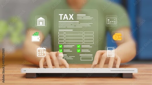 Online Tax Form, Tax Calculation, Compliance, Digital Forms, Income Reporting, Accounting Management, and Secure Tax Management. User Filling TAX from using Laptop. 3D Video