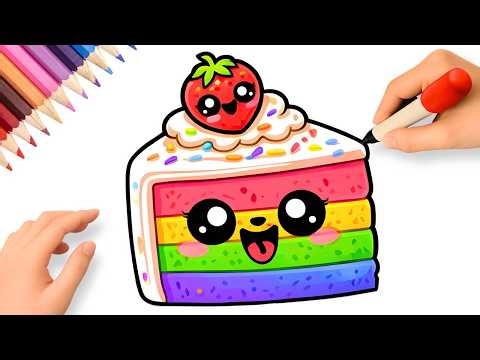 HOW TO DRAW A CUTE RAINBOW CAKE EASY 🌈🎂