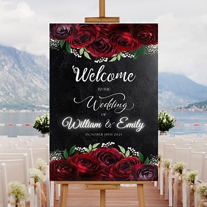Editable Black With Red Roses Wedding Welcome Sign Template, Printable Black Burgundy Floral Welcome Poster, Black Wedding Welcome Sign - Etsy