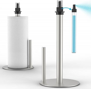 Paper Towel Holder with Spray Bottle, Countertop Paper Towels Dispenser Stand with Sprayer Inside Center, Stainless Steel Paper Towel Holder Stand with Base for Kitchen, Bars, Dining Tables - Silver