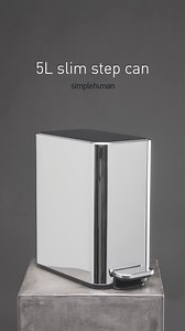Sleek, strong and silent. 5L slim step can is now available in high-grade polished stainless steel. Explore the new finish on simplehuman.com. | simplehuman