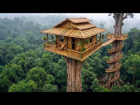 Building Bamboo Treehouse in the Jungle. Survival Alone, Bushcraft Overnight